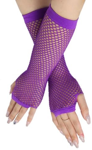 Anevous 1 Paar Damen Lange Netzhandschuhe,Spitze Handschuhes,80er Jahre Fischnetz Handschuhe Fingerlose,Netz Mesh Abendhandschuhe für Hochzeit,Kostümpartys und Cosplay Zubehör,Lila