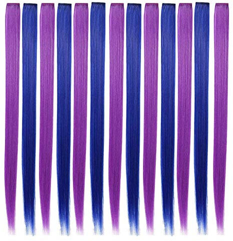 Pqahffowr 13 pezzi colorati evidenziano la clip colorata nelle estensioni dei capelli 55 cm posticci sintetici dritti, viola + blu