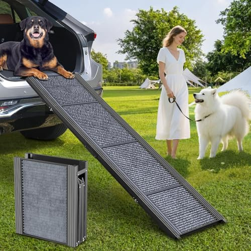 PetRuna Dog Ramp for Car 63 Long & 17.3 Wide Portable Dog Ramps for Large Dogs with Non-Slip Rug Surface Dog Car Ramp for SUV Car & Truck, Folding Dog Ramp Up to 250LBS