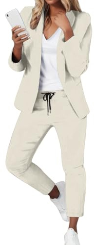 Hosenanzug Damen Elegant,Einfarbig Zweiteiler,Business Outfit Damen Set,Anzug Women Elegant 2 Teiler,Mollige Frauen,Kostüme & Blazer für Frauen Angebote Women Beige XL