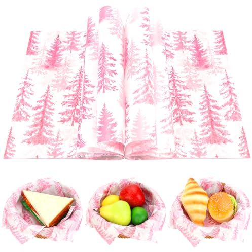 Yaosunyuer 150Pcs Christmas Tree Deli Paper, 9.8 x 8.3inch Pink Forest Grease Proof Food Deli Sheets Resistant Sandwich Wrap Liners Greaseproof Food Wax Paper for Home Kitchen (Pink)