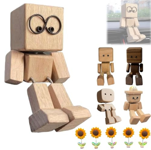 Homtrator Schüttelnde Holzmann-Figur, Charmante Kleine Holzfigur, Die Schwankt, Handgefertigte Actionfigur mit Füßen, Puppen-Dekoration für Das Armaturenbrett Im Auto,wackelkopf-nerdpuppen