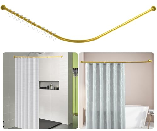 Btstil Shower Curtain Rail L Shape, Adjustable Corner Shower Curtain Rod, Wall Mounted 304 Stainless Steel Curved Shower Rail With 12 Rings for Bathroom Bathtubs (Gold, 68-98cm x 68-98cm)