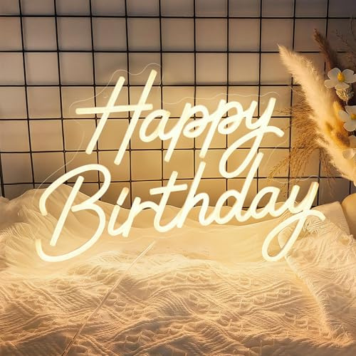 Happy Birthday Neon Sign for Wall Decor, LED Happy Birthday Light Up Sign with 10 Pcs Ballons, Dimmable Happy Birthday Lights Signs for All Birthday Party Decorations Backdrop, Warm White