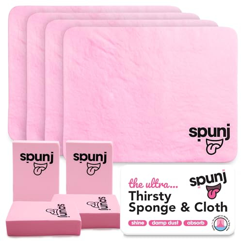 Spunj Cleaning Bundle - 4pk Sponge Cloths & 4pk Sponges, Ultra Absorbent | Holds up to 7x water weight, reusable drip free finish, for kitchen, bathroom and damp dusting