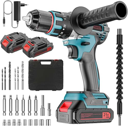 PONOSEU Perceuse Visseuse Sans Fil 21V Brushless 80 Nm – Kit Pro avec 2 Batteries 2.0Ah, 2 Vitesses, 20+3 Couples, LED & Accessoires – Pour Chantier, Atelier et Rénovation Lourde (XL02-H)