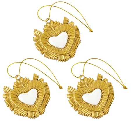 Baroni Home Set 3 Pendenti Sacro Cuore Ex Voto in Resina Oro e Bianco, Ciondolo Decorativo, Addobbo Natalizio Decorazione Albero di Natale, Idea Regalo Originale 5x5x1 cm