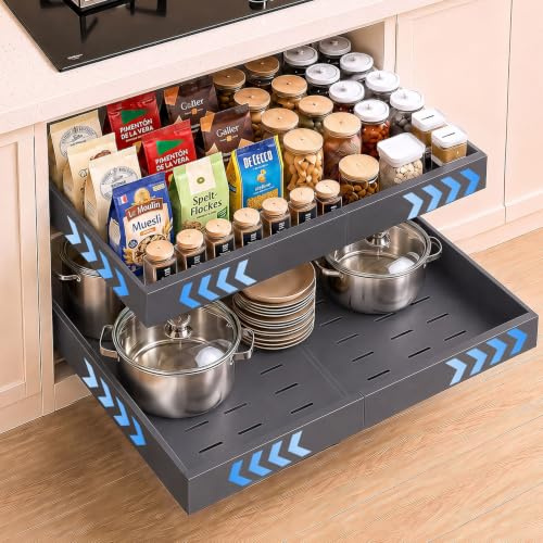 PNNP 2 Stück Teleskopschublade Ausziehbar Küche Schublade: 52 cm tiefe | Ohne Bohren Für Die Nachrüsten Und Organizer Von Schrank verstellbare Breite 32 cm-53 cm | Schwarz