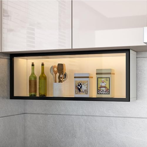 Hltdzer Wandmontierte Vitrinen Schrank mit Aufklappbaren Glastüren für Küche Wandhängendes Gestell aus Massivholz mit Sensorlicht für Küche und Esszimmer(White,60 * 19 * 30cm/23.6 * 7.5 * 11.8in)