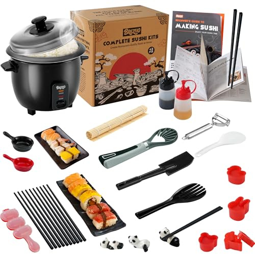 Brezlio Sushi Maker Set-Multifunktionale DIY Sushi-Kit，Enthalten bambusmatte Sushi,Geschirr,Onigiri Form,DIY for Anfänger (Dunkelrot)