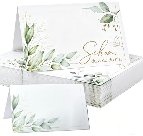 100 Stück Tischkarten Hochzeit Eukalyptus - Schön dass du da bist, Hochwertige Tischkarten, für Geburtstag, Hochzeit, Taufe, Kommunion, Konfirmation Feier Sitzplatzkarten