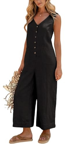 Omoone Womens Cotton Linen Dungarees Button Down Sleeveless Casual Jumpsuit | Side Pockets, Wide Leg Pants, Loose Fit, Adjustable Back Tie, V-Neck, Maternity-Friendly, Summer Beach Holiday Travel