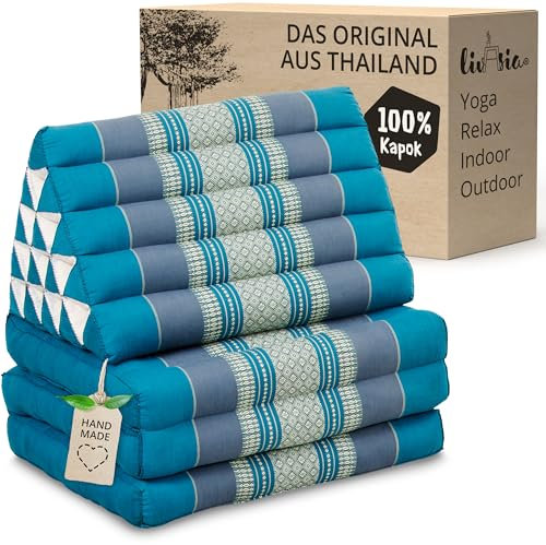 livasia Thaikissen 3 Auflagen extrahoch - 185x55x8cm - Dreieckskissen mit Klappmatratze, Kapok, Jumbo Rückenkissen faltbar, Thaimatte Klappen, handgefertigt, Meditationskissen (Hellblau)