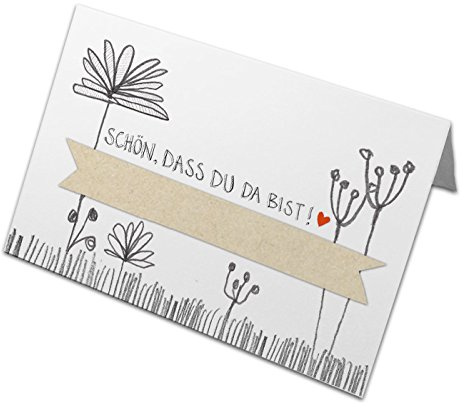 Eine der Guten 50 Tischkarten, Recyclingpapier Namenskarten, Schön, dass du da bist - Blumen Platzkarten zum beschriften für Hochzeit, Geburtstag, Kommunion, Weiß Beige Grau, klimaneutral