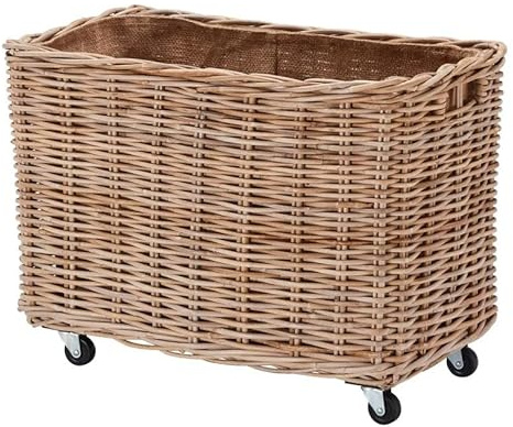 Wovenhill Kubu Rattan Large Log Basket on Wheels | Handmade Woven Laundry Hamper Storage Box | W72 x D39 x H53cm | Natural Brown