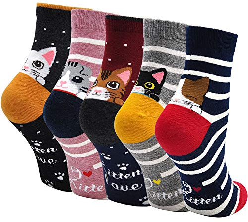 ZAKASA 5 Paires Chaussettes Chaudes Femme, Chaussette Hiver en Coton Motif à Animaux Chat Chien, Chaussettes de Noel Filles, EU 35-41