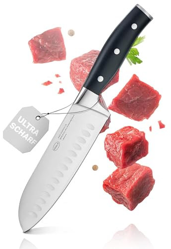 RÖSLE Santokumesser Tradition 17,5 cm - Hochwertiges und scharfes Küchenmesser mit Kullenschliff, asiatische Klingenform, ideal für Fleisch, Fisch und Gemüse, Messer mit ergonomischem Griff