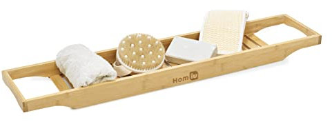 Homiu Bamboo Bath Caddy Tray | Bath Shelf Over Bath Home Spa Bath Caddy | Bath Rack Holder Books Wine Glass Candle Slatted Shelf | Bathroom Accessories Storage Organiser | Wood Bath Table