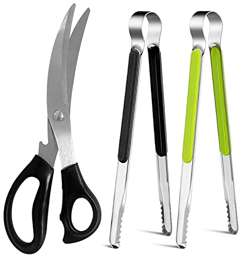 Kitchen Scissors, Korean Barbecue Sheras and Tongs Set,Kitchen Scissors for Meat Cutting, Chicken, Vegetables,Stainless Steel Non-slip Serrated Sharp BBQ Multipurpose Kitchen Sheras Tongs