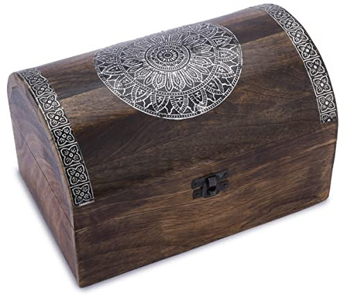 Ajuny Dekorative Schmuckschatulle aus Holz mit Mandala-Blumen design auf dem Deckel Schmuckkästchen Aufbewahrungs organisator, Andenken, Schmuckstückhalter Uhrenbox Geschenke, Braun, 22,9 x 15,2 cm