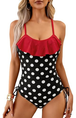 Dam Push Up Full Baddräkt med volang Monokini Rygglös Magkontroll Sling Hela Baddräkter Pool Innehåll Platt mage Ruffle Vadderad Badkläder, Polka dots, XL
