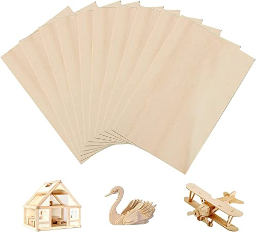 10 hojas de madera contrachapada de 300 x 200 x 2 mm, hojas de madera de balsa rectangulares, tablero de madera contrachapada sin terminar for manualidades, tallado, pintura, modelado, corte láser, ar