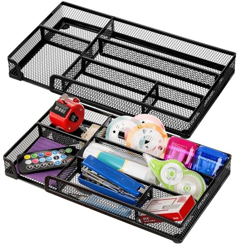 Noamus 2 Pack Desk Drawer Organizer, Metal Mesh Drawer Office Tray, 6 Compartments Pen Organizer Storage Box, Desktop Basket Accessories for Home Office School Kitchen Vanity Supplies, Black