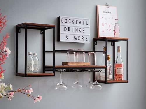 Woodkings Bar - Wandregal ARO mit Weinglashalter I Metall-Holz-Mix I 100x41x20 cm I 5 Ablagen I Wandbefestigung I Aufgebaut