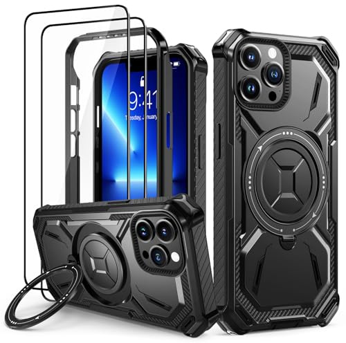 Lanhiem für iPhone 13 Pro Hülle, 360° Ring Ständer, Stoßfest Armor, Schwarz | mit 2 Stück Schutzfolie, Robust Bumper Schutzhülle, Militärischer Panzerhülle, Kratzfest Handyhülle für iPhone 13 Pro Case