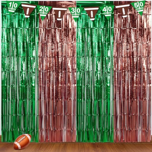 3 Pack 3.3x6.6Ft Superbowl Football Foil Fringe Curtain Backdrop Decorations, Dark Green and Brown Metallic Tinsel Foil Streamers Curtain Photo Background for Super Bowl Sports Football Birthday Party