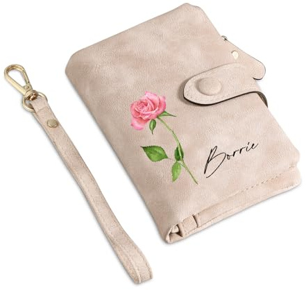 Presentimental Portefeuille Cuir Personnalisé Femme Nom de Naissance Fleur Portefeuille Cadeau pour Maman Fête des mères Noël Anniversaire (Rose)