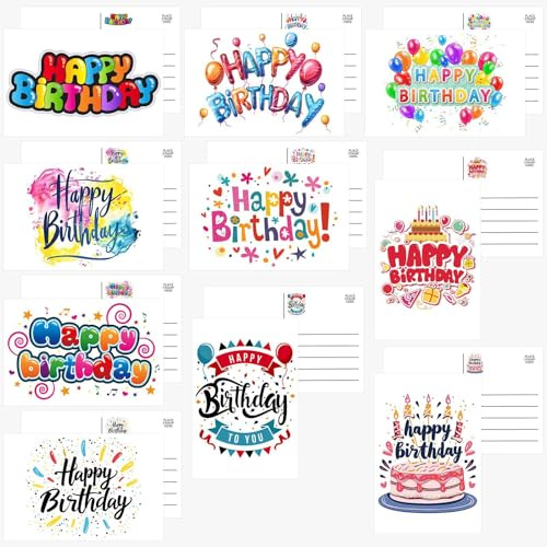 Pinovk 100 Pack Happy Birthday Postcards - Assortment Bulk Birthday Postcards Blank Happy Birthday Postcards 4x6 Inches, 10 Unique Designs, Ideal for Kids, Men, Women, and Elderly