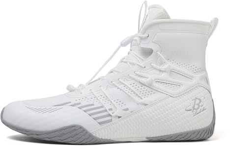 B LUCK SHOE Men’s Boxing Shoes Lightweight High-Top Training Shoes with Drawstring – Supportive Gym Footwear for Fighters LS508 White/Grey
