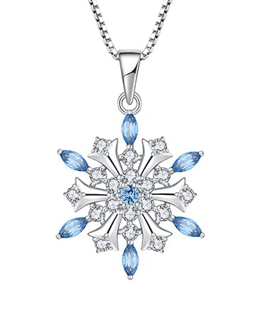 FJ Schneeflocke Kette Damen 925 Sterling Silber Aquamarin Halskette Schneeflocke Anhänger Schmuck Geschenke für Frauen