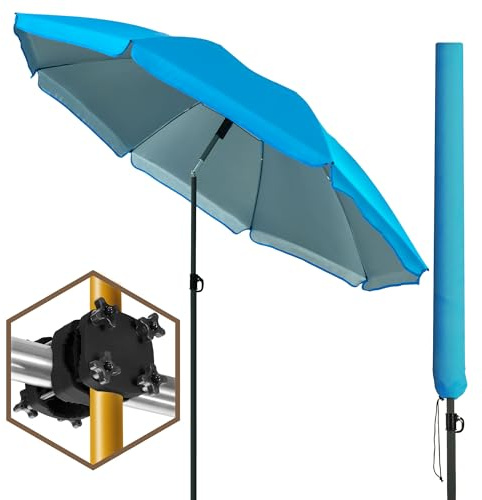 Menz Sonnenschirm Balkon Blau + Sonnenschirmhalter Balkongeländer + Sonnenschirmhülle, 3-IN-1 SET - Sonnenschirm Strand UPF 50+, Gartenschirm Ø 180 cm, höhenverstellbarer Balkon Schirm
