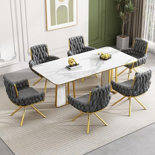 Merax Samt Esszimmerstühle Drehbar 6er Set, Gepolstert Sessel Küchenstuhl mit Armlehne, Freizeit-Drehstuhl mit Stützbeinen aus Metall, für Esszimmer Wohnzimmer Büro, Grau