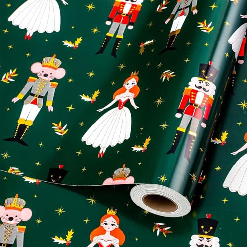Wikadlik Grünes Weihnachts-Geschenkpapier, 43 cm x 10 m, Nussknacker, Prinzessin, Maus, König, Geschenkpapier für Feiertage, Party, Feier