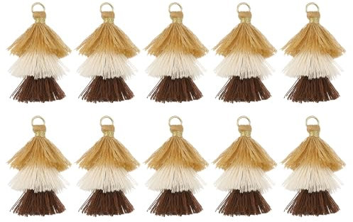 QUARKZMAN 10 Stück Winzige Dreischichtige Quasten 1,6 Mini Taschenanhänger Böhmische Handgefertigte Quasten Schlüsselanhänger für DIY Projekte Schmuckherstellung(Champagner Gold/Weiß/Braun)