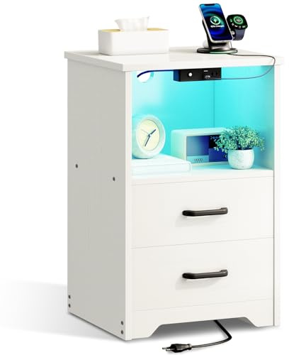 Coleshome Comodino Camera da Letto, Comodini con 2 Prese e 2 porte USB, con LED a 10 Colori, Comodino Bianco con 2 Cassetti in Legno e uno Spazio di Archiviazione, 1 Confezione