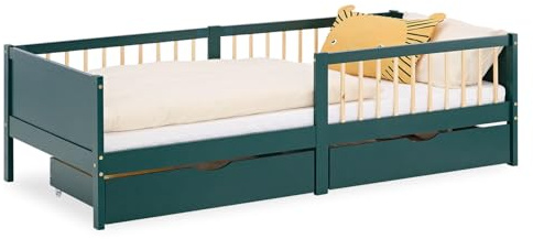 Homestyle4u Kinderbett 90x200 Grün - Bodenbett mit Rausfallschutz & | Kiefer Holzbett inklusive Lattenrost - Stabiles Einzelbett für Kinder - Sicherer Rausfallschutz - Praktischer Stauraum