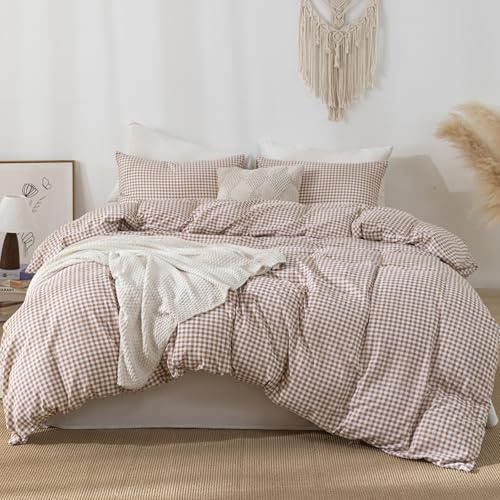 YHJWW Tan Gingham Duvet Cover Bedding Set Prewashed Extra Soft Comfy Breathable 3 Piece Brown Plaid Checkered Grid Vintage Comforter Cover Set Cute Aesthetic (King 104x90, No Comforter)