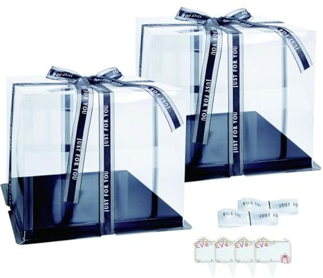 Vebetter 2 scatole trasparenti per torte, 30 x 30 x 23 pezzi, scatola per torte, scatola per il trasporto di torte, trasparente, con base, nastro per il compleanno, dessert, nero