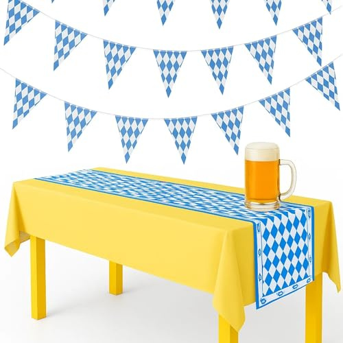 2 Stück Tischläufer Papier Oktoberfest Deko, Mit 10 M Wimpelkette und 35 cm × 275 cm Tischläufer, Bayrische Deko Set, Praktische Oktoberfest Dekoration Für Bierzelte Und Gartenpartys