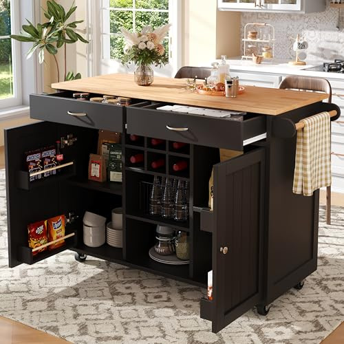 Kebnor Moderne Kücheninsel(102×45×92cm), Küchenschrank, buffetschrank, Speisewagen mit Holzmaserung, buffetschrank, Multifunktionale Esstisch mit Speicherraum (Schwarz)
