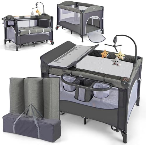 FANTASK 5 in 1 Beistellbett, Babybett höhenverstellbar mit Matratze & Rollen, Reisebett Baby mit Wickeltisch, Hängespielzeug, Spieluhr & Sicherheitsgurt, Stubenwagen Babywiege für Kleinkinder (Blau)