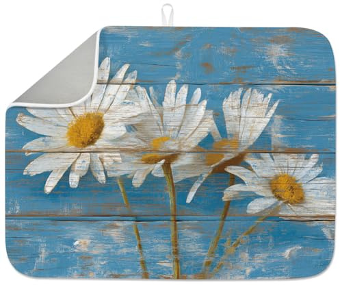 INFUNLY Daisy Flower Dish Drying Mat 45x60cm Rustic Wood Absorbent Dish Draining Mat Vintage Floral Large Heat Resistant Coffee Mats for Table Faucet Sink Coffee Bar Refrigerator