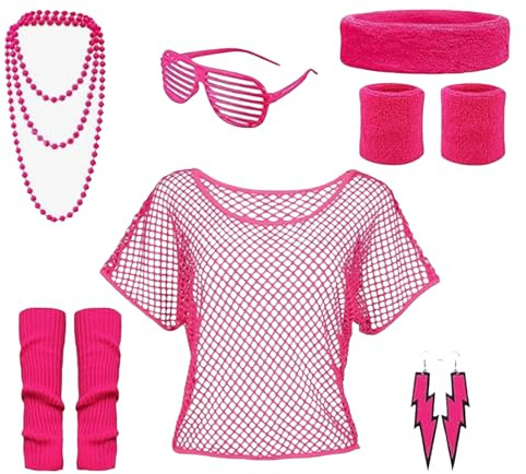 SSKHE 80-tals och 90-tals outfit, nättopp tillbehör, pannband, benvärmare, halsband, glasögon och örhängen, festoutfit, kvinnor, 80-tals kläder, slagfest, badrumsknapp (rosa)