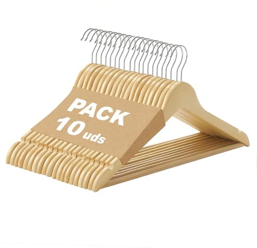 MERCURY TEXTIL - Perchas Ropa de Madera Natural (Madera, 10 Unidades) | Gancho Giratorio 360°, Barra Antideslizante para Pantalones, Ideal para Trajes, Vestidos y Chaquetas, Perchas Madera