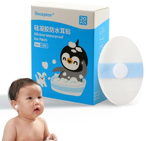Onceplan Disposable Waterproof Ear Patches, Baby Silicone Ear Covers with Absorbent Cotton Pads, 2.68’’ x 1.73’’ Oval Breathable Self-Adhesive Protective Patch, for Shower/Water Sport