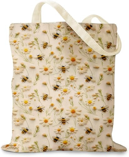 Cunegra Biene Stoffbeutel Bedruckt, Tragetasche mit Chrysantheme Blumendruck, Faltbare Einkaufstasche mit Magnetverschluss und Innentasche, Wiederverwendbar Stofftasche für Frauen, 40x35 cm